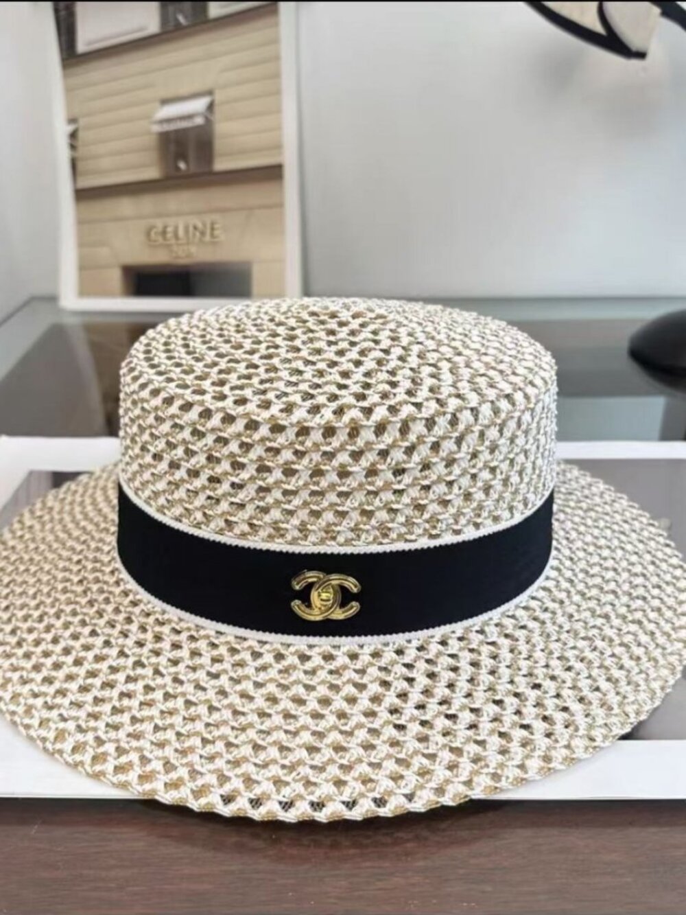 CHANEL Mesh Straw Gold CC Wide Brim Sun Hat